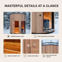 Sauna circulaire moderne d'extérieur Ploutara pour 2-3 personnes, en bois massif de pruche, modulaire, préfabriqué, électrique, ETL, chauffage rapide en 15 min, faible EMF, idéal pour la gym