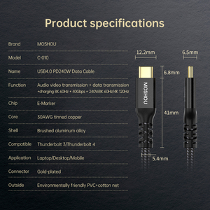Moshou 240W USB C Để C Cáp 40 Gbps Dữ Liệu Chuyển Loại C Sạc USB-C Nhanh Chóng Sạc Dây 8K UHD Cho MacBook Pro OEM - Product Image 5