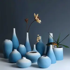 花瓶花盆套装小花盆彩色陶瓷Ombre蓝色与花/绿色植物一起使用酒店装饰和浴室套装