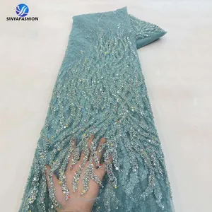 Sinus obral besar kain renda manik-manik berat kain renda pengantin Tulle payet kain untuk wanita grosir renda mewah