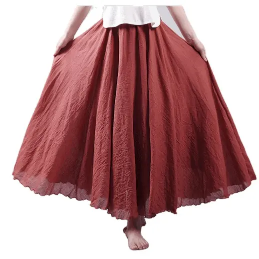 Rok katun Linen pinggang elastis, gaun A-line rok panjang warna Solid wanita ukuran besar Vintage kasual rajut polos celup 10 buah