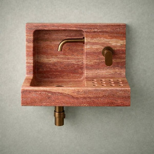 Diseño Moderno de Baño Pequeño, Lavabo de Mármol Natural, Lavabo de Travertino Rojo, Lavabo de Mármol Rojo Tallado en Bloque - Product Image 1