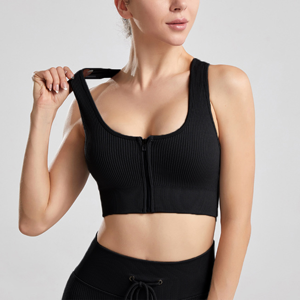 Popular Ribbed Yoga Wear Sports Bra for Women with Front Zipper, High Elasticity, Shockproof Fitness Sports Bra for Fitness Yoga