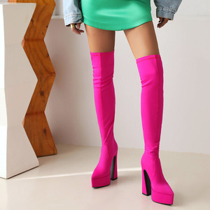 รองเท้าบูทผู้หญิงสีสันสดใส หัวแหลม พื้นหนา ส้นเข็มสูงมาก แพลตฟอร์มสูงพิเศษ ใส่ได้ทุกฤดู พื้นรองเท้า EVA - Product Image 4