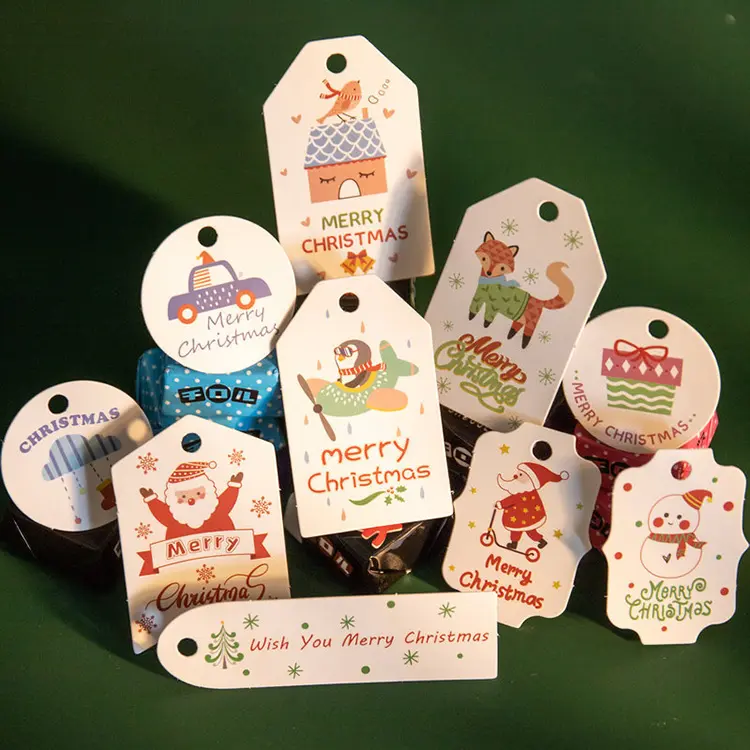 Venta al por mayor barato Feliz Navidad blanco etiquetas de regalo de papel de etiquetas colgantes Santa Claus de tarjetas de papel