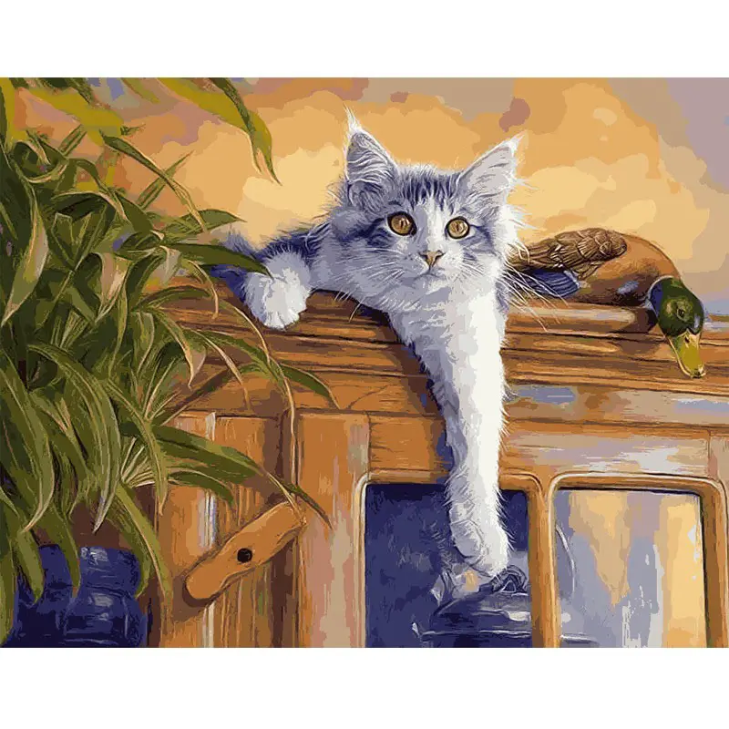 European style Cute cat and duck on the roof diy oil painting by numbers