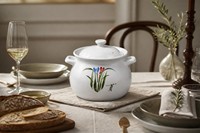 Casserole en céramique blanche émaillée avec couvercle, motif floral peint à la main, style chinois, poignées en boucle, pot en grès, compatible four