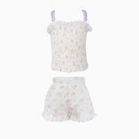 Ensemble de vêtements d'été pour enfants, style shabby chic, imprimé roses, débardeur à corsage froncé, bretelles ornées de perles en forme de cœur violettes, culotte bouffante à volants en tissu peigné