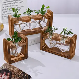Conteneur Vase Vase de table Porte-plante en bois Forme de coeur Hydroponique Vase en verre Verre