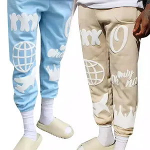 Tasarımcı sıcak satış moda yüksek kalite pamuk ağır sweatpants spor koşu pantolonları erkekler özel puf baskı sweatpants