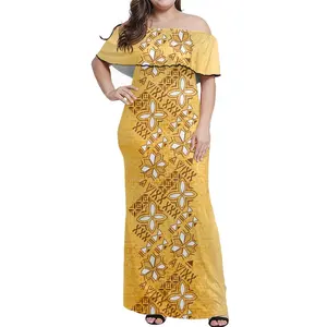Drop shipping Polynesian Samoan Tribal Tattoo Pattern Casual Off shoulder Dress For Women Upscale Ruffle Samoan Dresses