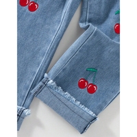 Ensemble 2 pièces pour filles, broderie cerise, tissu gaufré respirant, manches à volants, jeans à taille élastique, vêtements pour enfants