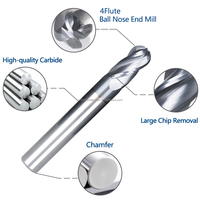 Fraise à balle en carbure à 4 cannelures de haute précision pour usinage de métaux, 45HRC, OEM/ODM, pour routeur CNC, fraisage en spirale haute performance