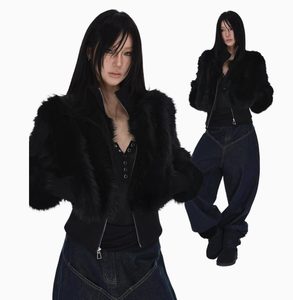 Cappotto Corto Nero di Prima Qualità con Collo alla Coreana in Finta <span class=keywords><strong>Pelliccia</strong></span> Spessa Tessuta e Cerniera per Donne Petite Invernale - Product Image 1