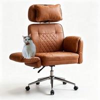 Chaise de bureau ergonomique en cuir marron à dossier haut, avec accoudoirs pivotants, idéale pour le maquillage à domicile, pour grandes tailles et personnes corpulentes