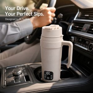 Taza de café con batería, bonita taza de viaje, cargador de coche, tazas de café plateadas con asa, taza recargable - Product Image 6