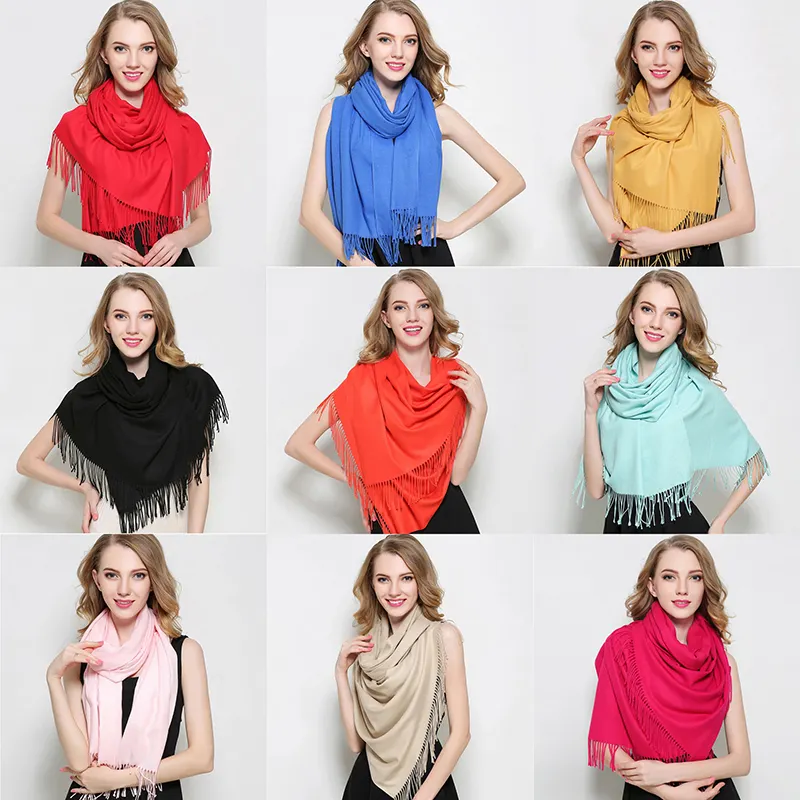 2021 Fashion Winter Soft Pashmina Sjaal Dames Sjaals Stijlvolle Warm Groothandel Custom Vlakte Kwastje Kasjmier Sjaal Vrouwen