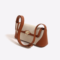 Tas Selempang Wanita Kanvas Warna-Blok Dua Warna Sambungan Vintage dengan Tutup dan Tali Pengikat yang Dapat Disesuaikan, Aksen Kulit PU, untuk Sehari-hari
