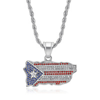 Kalung Liontin Zirkon Peta Bendera Puerto Rico Hip Hop, Baja Anti Karat PVD Personal, untuk Pria Wanita, Perhiasan Fashion Grosir
