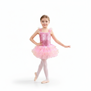 Kids Sparkly Pink Dance Costume Full <b>Sequin</b> Bodice with <b>Rainbow</b> Ruffled Skirt for Girls Stage Performance - Product Image 4