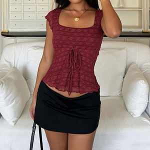 Camiseta de mujer con cuello cuadrado, manga corta, volantes, lazo frontal y cordones, ajustada, informal, a la moda, para verano - Product Image 3