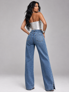 Jean en denim délavé vintage pour femme, coupe ample, jambe large, style streetwear décontracté, respirant, longueur longue - Product Image 2