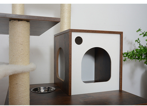 أثاث خشبي داخلي للحيوانات الأليفة ، برج شجرة القط متعدد المنصات مع خزانة مخفية ، غرفة غسيل القط ، حاوية - Product Image 6