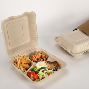 Boîte à repas en bagasse 3 compartiments - 9 x 9 pouces, biodégradable, jetable, 3 divisions, boîte à emporter pour hamburger personnalisée, micro-ondes, restauration rapide - Product Image 2
