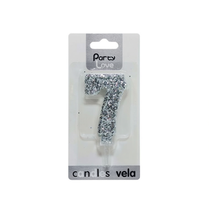Bougie d'anniversaire numéro 7, paillettes argentées, 6 cm, Party Love - Product Image 1