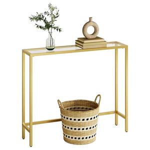Table console moderne en verre trempé doré <span class=keywords><strong>Bureau</strong></span> latéral <span class=keywords><strong>d</strong></span>'<span class=keywords><strong>entrée</strong></span> de couloir avec base en bois Petite table de canapé ou table basse - Product Image 2