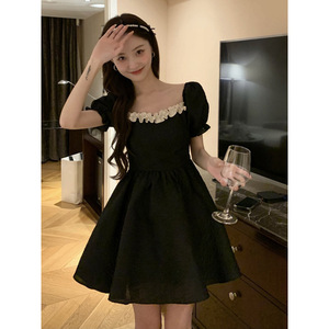 Women's Summer Puff Sleeve Dress Square Neck Little Black Dress With Back Bow Short Skirt Breathable Cocktail Dress - Product Image 2