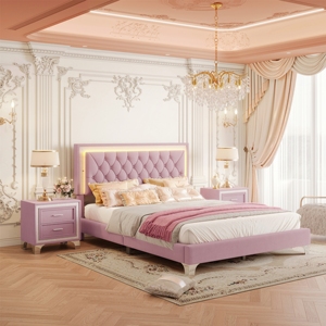 3-Piece Pink Bedroom Set, <b>Bed</b> Size Upholstered <b>Platform</b> <b>Bed</b> with LED Lights & 2 Nightstands, Tufted Headboard <b>Bed</b> <b>Frame</b> - Product Image 4