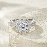 Bague en argent 925 avec moissanite 1 carat taille coussin, double halo, à double sangle et pavé, pour usage quotidien