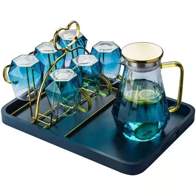 Juego de jarras de agua fría y caliente con forma de diamante de lujo estético de alta calidad Juego de tazas de té de vidrio transparente de verano