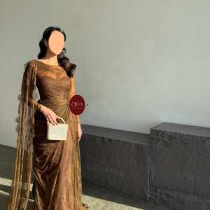 Sharon Said SF539 Vestido de Noche Estilo Sirena Drapeado en Encaje Marrón con Mangas Largas para Mujer Boda Árabe y Baile de Graduación - Product Image 3