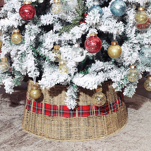 Straw Rope Woven Christmas Tree Skirt With Plaid Trim Handmade Durable Tree Base Decoration - Product Image 1