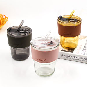 Vaso de Vidrio Ecológico de 400 ml Estilo Americano para Café y <span class=keywords><strong>Leche</strong></span> <span class=keywords><strong>con</strong></span> Funda de Cuero, Aislamiento Térmico y Pajitas de Vidrio - Product Image 2