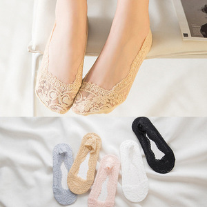 Women Lace Socks Cotton Soled Boat Style Summer Thin Ice Silk Invisible Anti Slip Shallow Opening Regular Casual Socks - Product Image 1