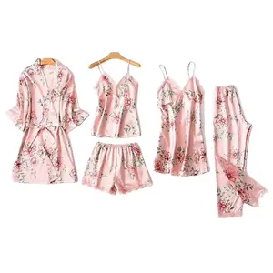 Toptan yüksek kalite özel pijama seti bayanlar saten ipek pijama pijama kadınlar için Set Robe Fille