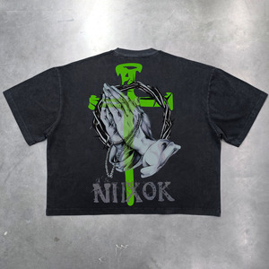 Vente en gros 100% coton T-shirts pour hommes avec logo personnalisé Streetwear Hip Hop vêtements urbains 300gsm imprimé de tissu tricoté lavé lourd - Product Image 3