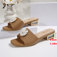 Sandales à talon carré pour femme, à bout ouvert, ornées de strass et de motifs floraux, pour mariages et soirées