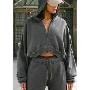 High Quality Heavyweight Fleece Zip-Up Ankle-Length Eco-Friendly Crop Top Hoodie for Women Custom Logo Streetwear Hoodie <b>Set</b> - Product Image 3