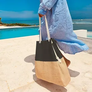 Large Heavy Duty Women Beach Travel Tote Shoulder Bag With Pocket Jute Burlap Canvas Tote Hand Drawstring Bags