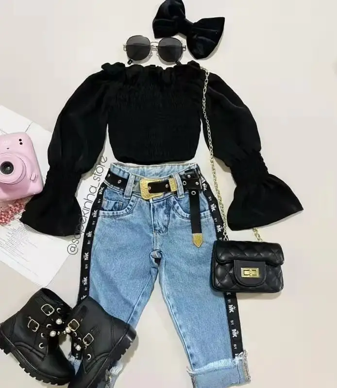 RTS 2023 Atacado De Novos Produtos De Outono Conjuntos De Roupas Para Meninas Top De Ombro Preto + Calças Jeans Para Meninas Saia Set