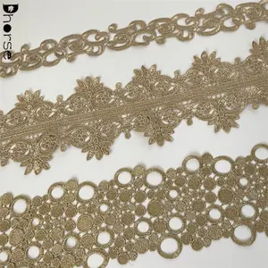 מכירה לוהטת עיצוב זהב ספק הודי תחרה לקצץ רקמת עבור שמלה