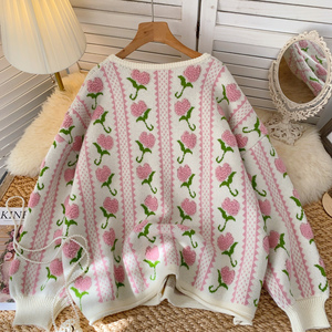 女性用ニットセーターカーディガンコートレディース秋冬冬甘い花刺繍ニットブラウス工場 - Product Image 3