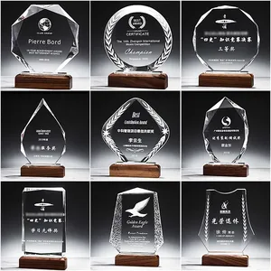Trophées en bois gravés au laser personnalisés pour les entreprises, thème sportif, souvenir, modèle, plaque de récompense en verre cristal et bois - Product Image 5