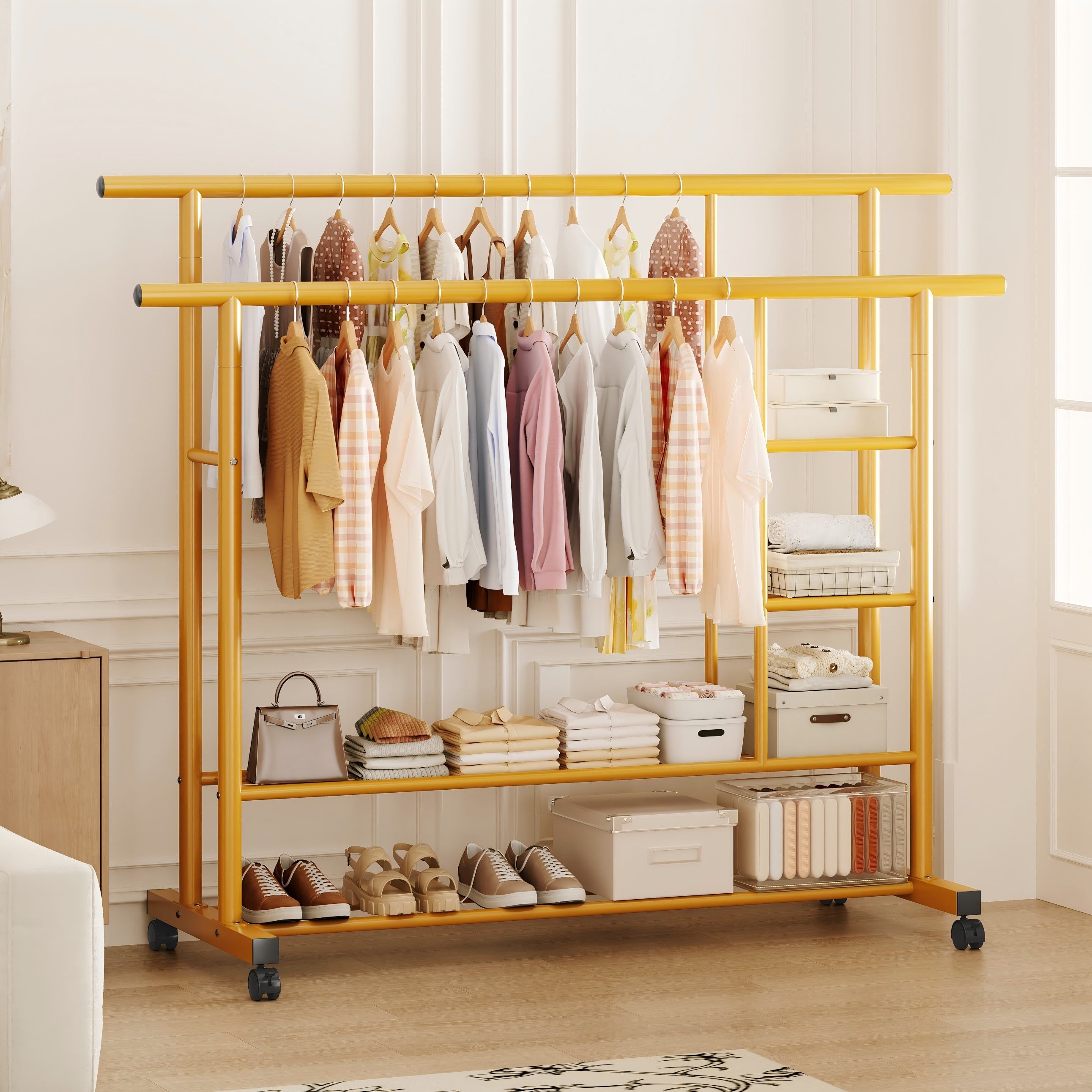 white christmas dresses Versatile Foldable Solid Wood Clothes Rack with Shelf main image 1