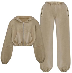 Ensemble de survêtement 2 pièces pour femme, style vintage, délavé à l'acide, comprenant un sweat à capuche court zippé et un pantalon jogger, coupe oversize streetwear, manches <span class=keywords><strong>ballon</strong></span> et poignets élastiques - Product Image 3