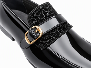 Mocassins en cuir PU noir brillant pour hommes, chaussures habillées à enfiler, bout rond, boucle dorée, sangle florale, pour le bureau, la carrière et les affaires - Product Image 6